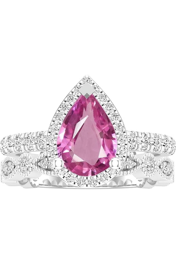 Cindy Jewels14K White Gold Plated 2.50 Ct Pear Cut Pink Sapphire Christmas Thanksgiving Wedding Bridal Ring Set 925 Sterling Silver For Women's -4