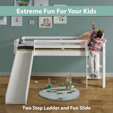 Cindy Kids Loft Bed with Slide, Twin Loft Bed with Slide, Loft Bed with Slide, Loft Bed Slide with Ladder, No Box Spring Needed, Chalkboard, Pine Wood Space Saving Kids Bed Frame for Boys Girls, White