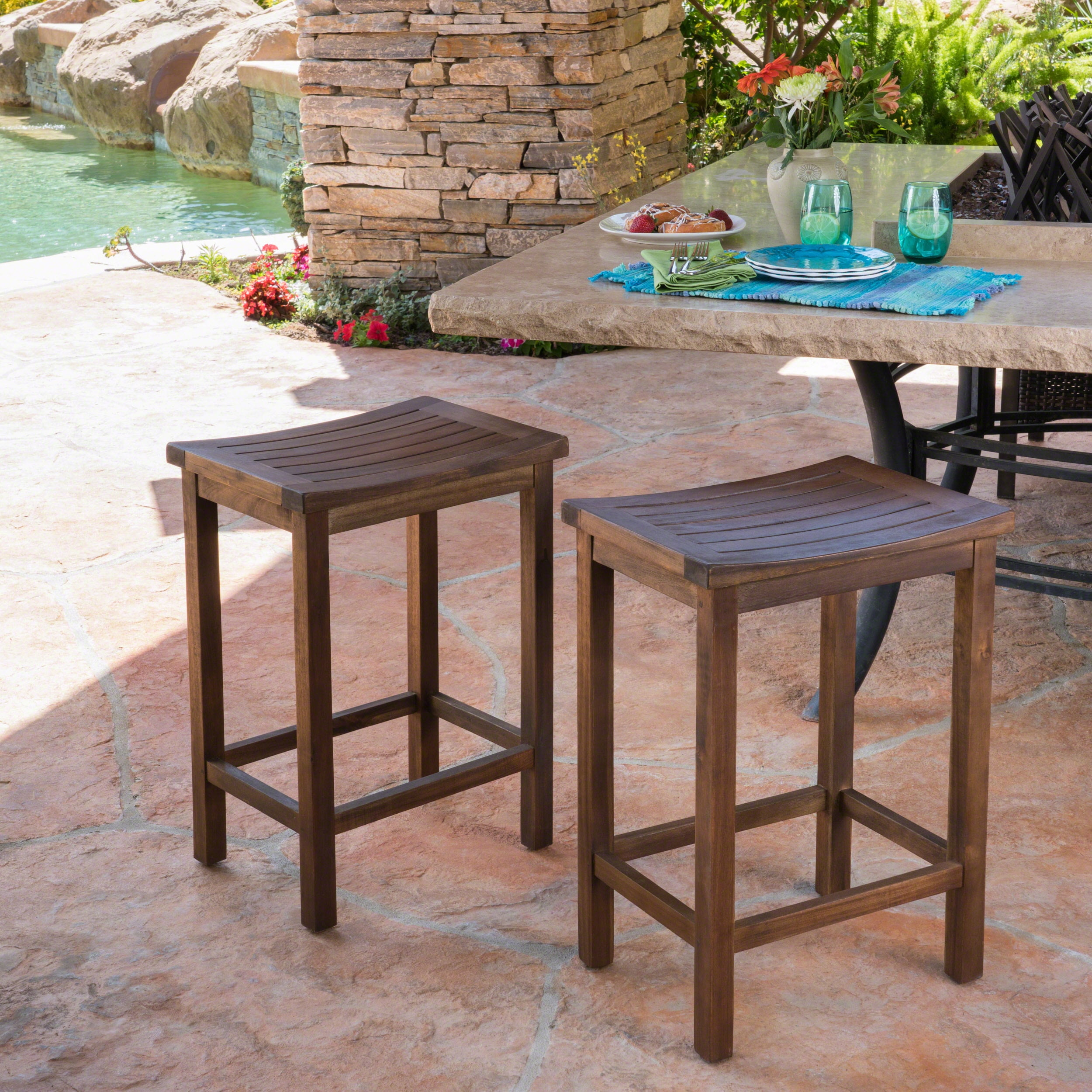 Mahogany Brown Acacia Wood Outdoor Counter Stools, Set of 2