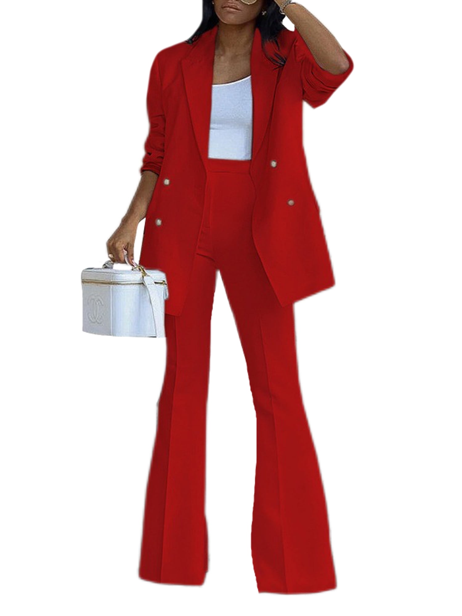 Cindysus 2 Piece Blazer and Bootcut Pant Suits for Women Dressy Fashion  Double Breasted Long Sleeve Slim Fit Blazer Business Casual Outfits Sets  Red