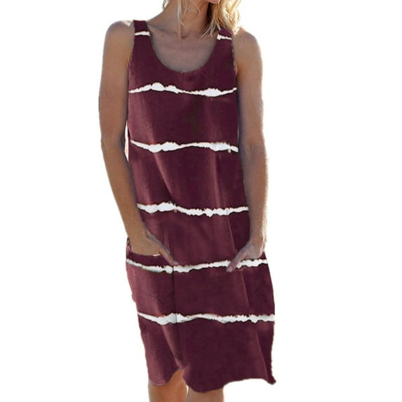 Cindysus Beach Cover Up Sun Dress for Womens Stripe Casual Tshirt Dress Swimsuit Summer Cover Up Sleeveless Tank Dress with Pocket