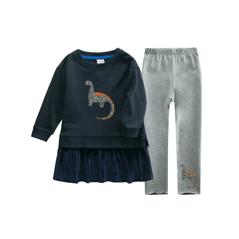 Cindysus Kids Leggings Baggy Sweatshirt Dress+ Pants Toddler Cute Pant Set  Elastic Waist Holiday Long Sleeve Casual 2 Pieces Outfit Royal Blue Gray  120cm 