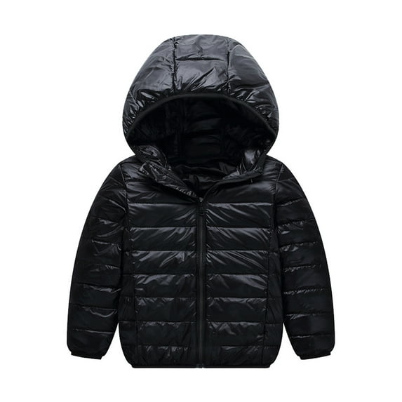 Cindysus Kids Windproof Long Sleeve Down Jackets Boy Lightweight Cardigan Solid Color Winter Hooded Neck Thick Puffer Coat Black 110cm
