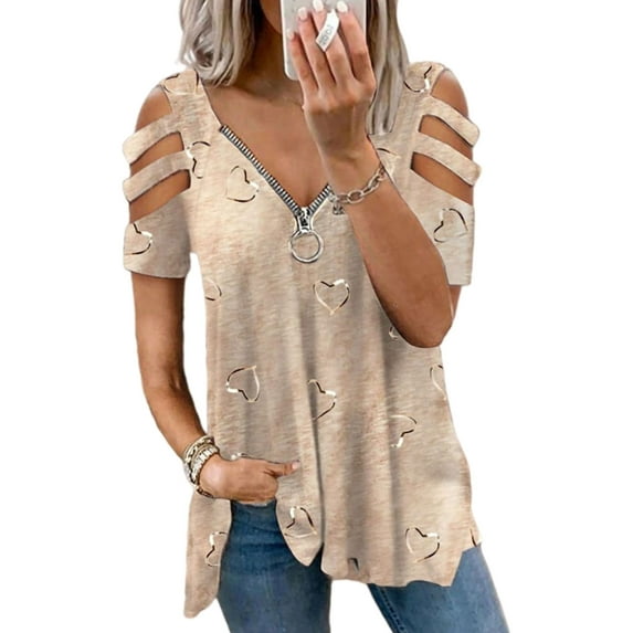 Cindysus Ladies Bohemian Heart Print Tunic Blouse Women Casual Tops Baggy Summer Cold Shoulder Loose Tee