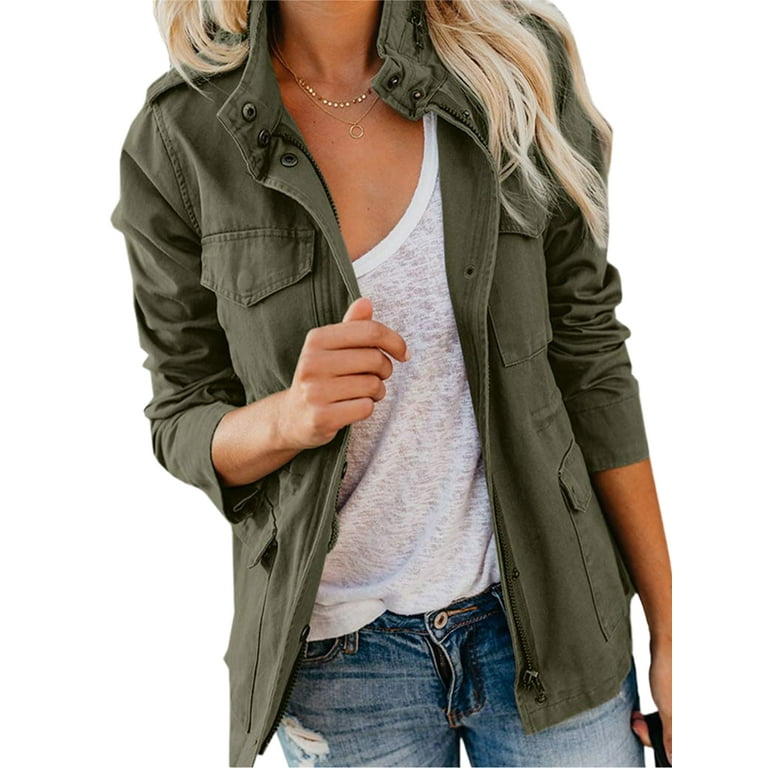 Cindysus Ladies Coat Solid Color Military Jacket Long Sleeve Outwear Outdoor Utility Jackets Plain Army Green L Walmart