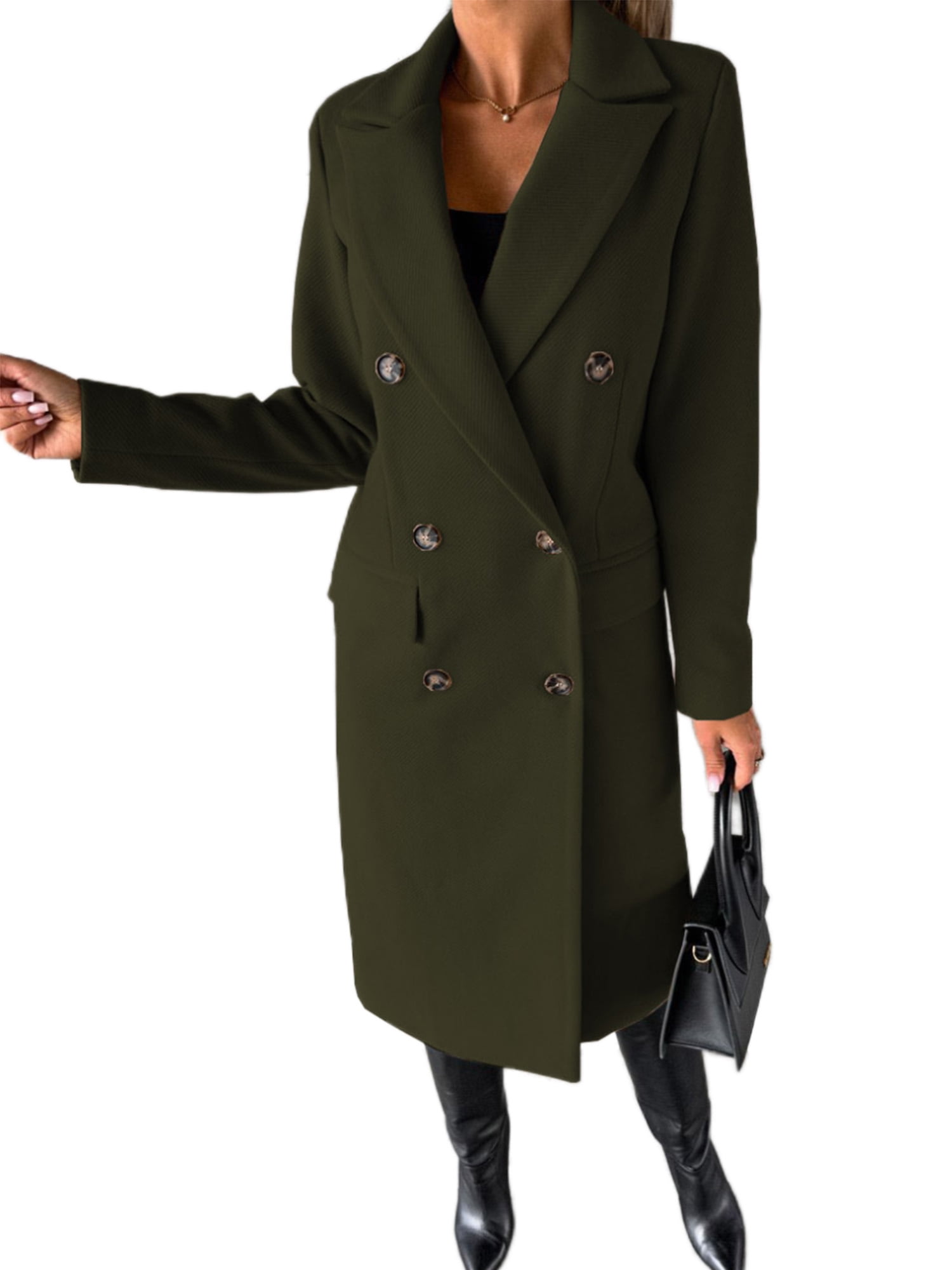 Cindysus Ladies Elegant Solid Color Jacket Women Long Length Pea Coats Wool Blend Holiday Lapel Classic Trench Coat Army Green 2XL