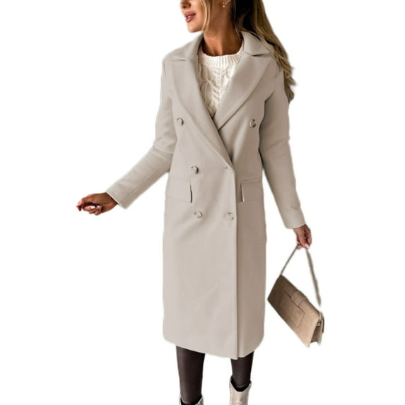 Cindysus Ladies Elegant Solid Color Jacket Women Long Length Pea Coats Wool Blend Holiday Lapel Classic Trench Coat Beige L