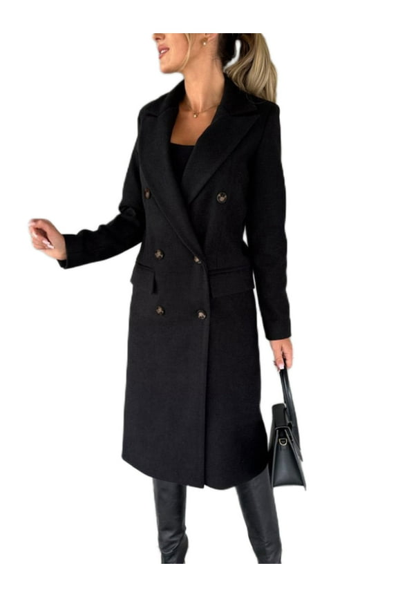 Ladies Elegant Solid Color Jacket Women Long Length Pea Coats Wool Blend Holiday Lapel Classic Trench Coat Black M
