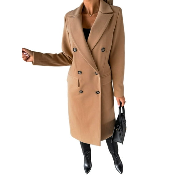 Cindysus Ladies Elegant Solid Color Jacket Women Long Length Pea Coats Wool Blend Holiday Lapel Classic Trench Coat Khaki L