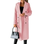 Cindysus Ladies Elegant Solid Color Jacket Women Long Length Pea Coats Wool Blend Holiday Lapel Classic Trench Coat Pink L