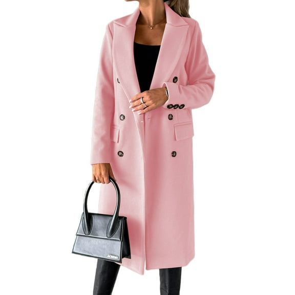 Cindysus Ladies Elegant Solid Color Jacket Women Long Length Pea Coats Wool Blend Holiday Lapel Classic Trench Coat Pink XL