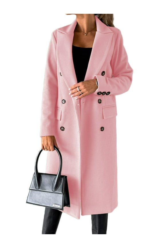 Ladies Elegant Solid Color Jacket Women Long Length Pea Coats Wool Blend Holiday Lapel Classic Trench Coat Pink XL