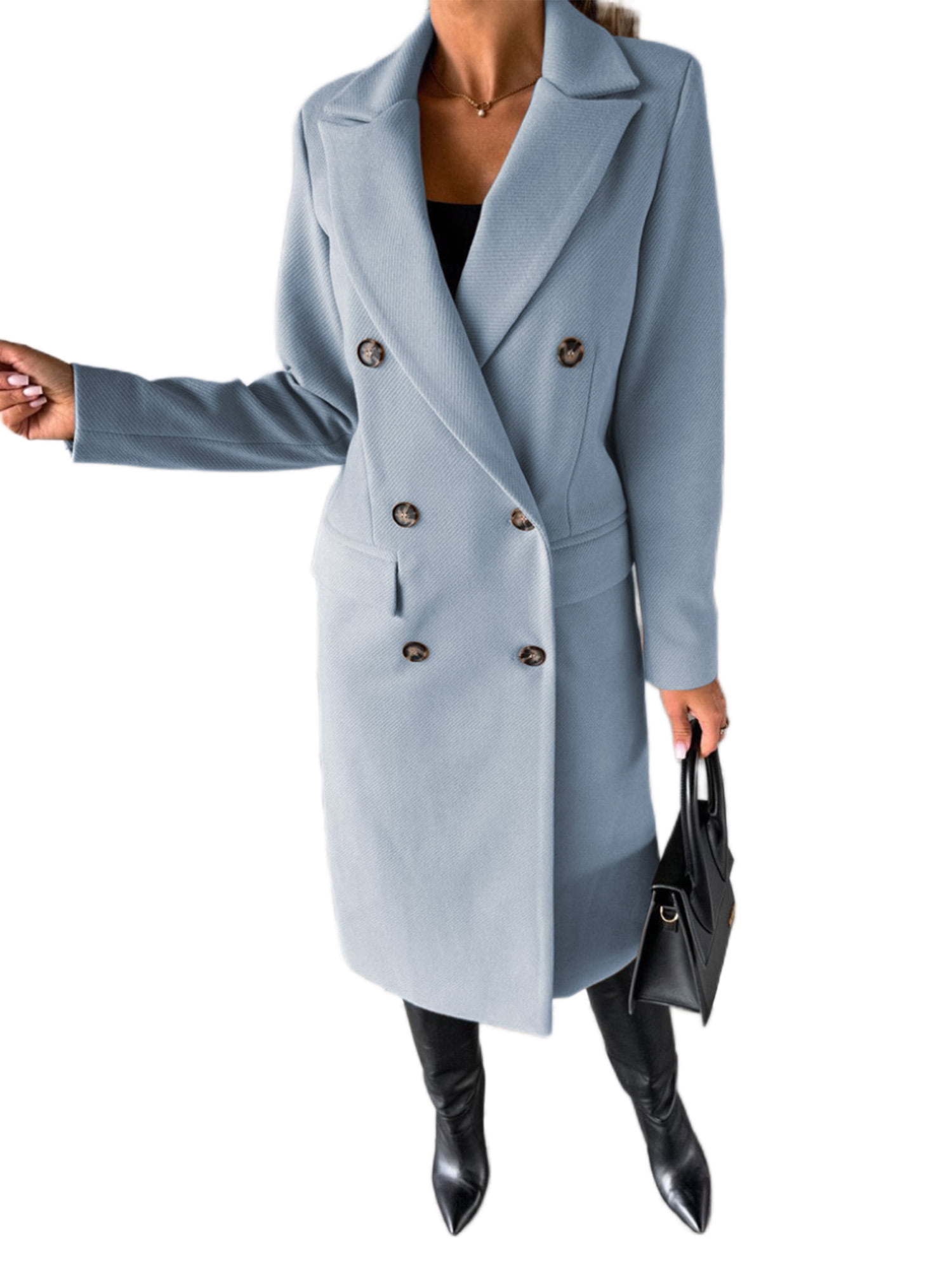 Cindysus Ladies Elegant Solid Color Jacket Women Long Length Pea Coats Wool  Blend Holiday Lapel Classic Trench Coat Sky Blue 3XL