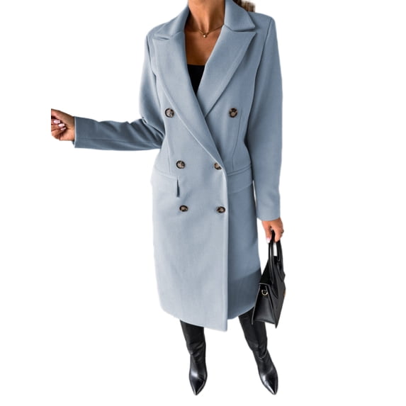 Cindysus Ladies Elegant Solid Color Jacket Women Long Length Pea Coats Wool Blend Holiday Lapel Classic Trench Coat Sky Blue L