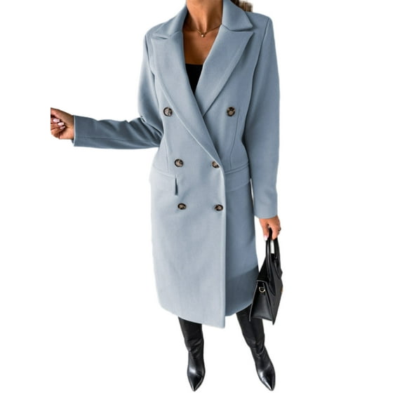 Cindysus Ladies Elegant Solid Color Jacket Women Long Length Pea Coats Wool Blend Holiday Lapel Classic Trench Coat Sky Blue XL