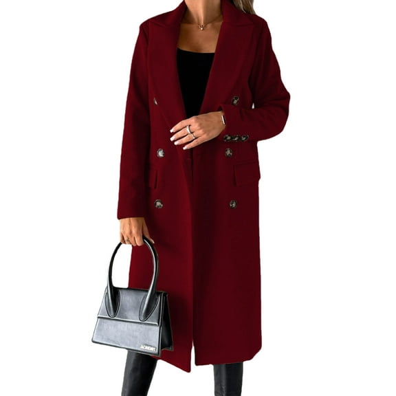 Cindysus Ladies Elegant Solid Color Jacket Women Long Length Pea Coats Wool Blend Holiday Lapel Classic Trench Coat Wine Red 3XL