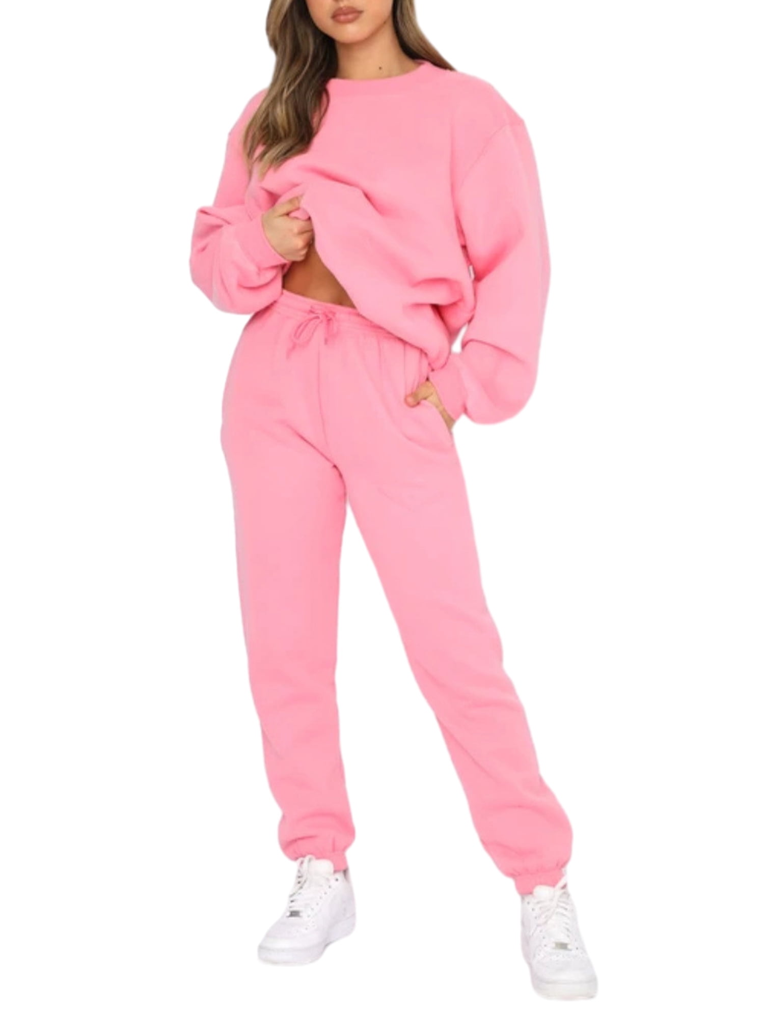 Cindysus Ladies Jogger Set Elastic Waist Sweatsuits Long Sleeve Two Piece Outfit Running Sweatshirts And Sweatpants Thick Lounge Sets Pink XL Walmart