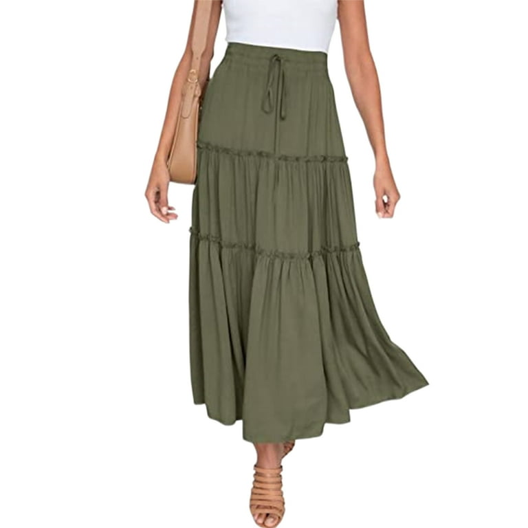 Cindysus Ladies Midi Skirt Ruffle Skirts High Waist Boho Flowy Army Green XL Walmart