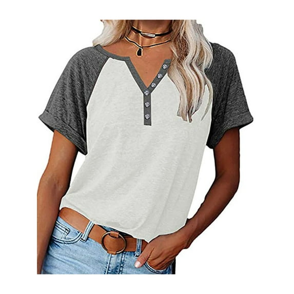 Cindysus Ladies Summer Tops Short Sleeve T Shirt V Neck T-shirt Work Pullover Bohemian Tunic Blouse White S