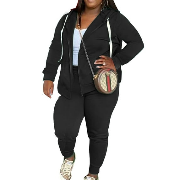Cindysus Ladies Tracksuit Sets Drawstring Sweatsuits Long Sleeve Two Piece Outfit Casual Fitness Hoodies Jogger Set Black 4XL