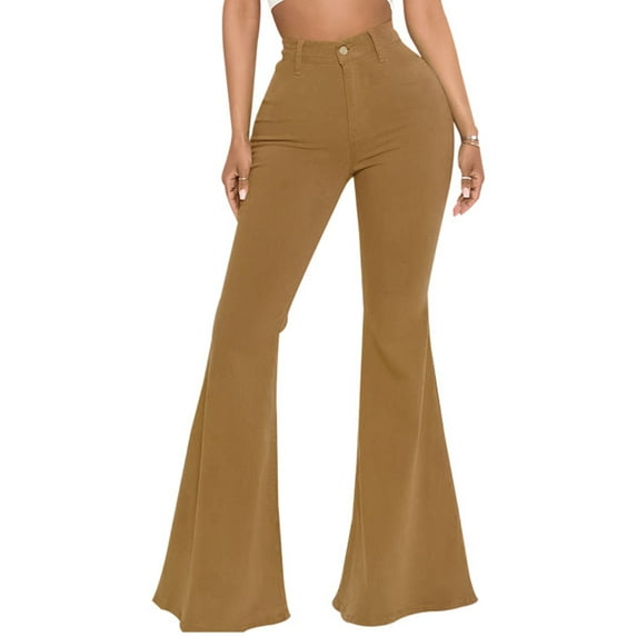 Cindysus Ladies Trousers Solid Denim Pants With Pocket Jeans Travel Skinny Casual Brown XL
