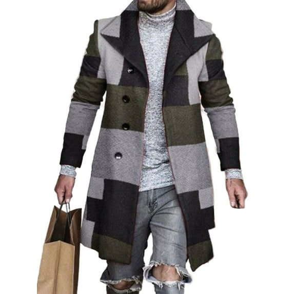 Cindysus Men's Business Single Breasted Overcoats Mens Slim Fit Jacket with Pockets Plaid Casual Peacoat Green Gray M