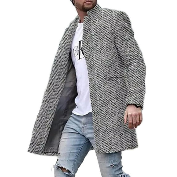 Cindysus Men's Business Single Breasted Overcoats Mens Slim Fit Jacket with Pockets Plaid Casual Peacoat Grey L