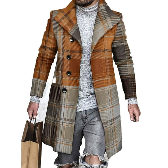 Cindysus Men's Business Single Breasted Overcoats Mens Slim Fit Jacket with Pockets Plaid Casual Peacoat Khaki A XL
