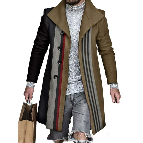 Cindysus Men's Business Single Breasted Overcoats Mens Slim Fit Jacket with Pockets Plaid Casual Peacoat Khaki L