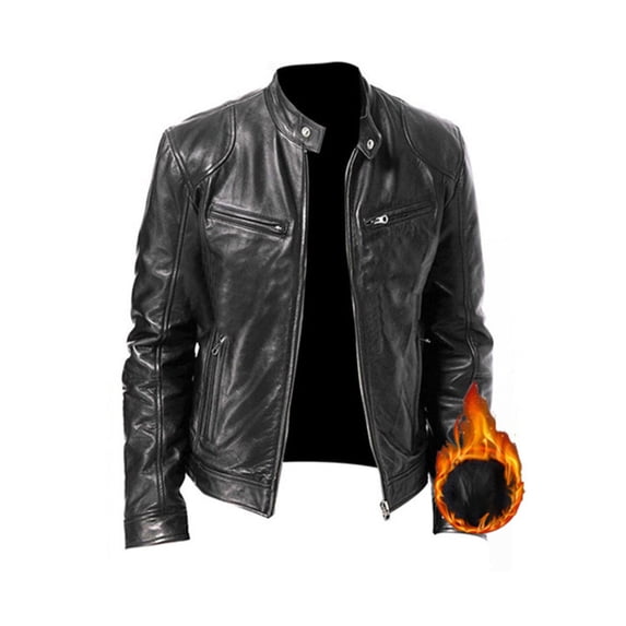 Cindysus Men's Stand Collar Jacket Leather Overcoats Casual Faux Leather Motorcycle Jacket Outerwear Coat with Zipper Black Velvet XL