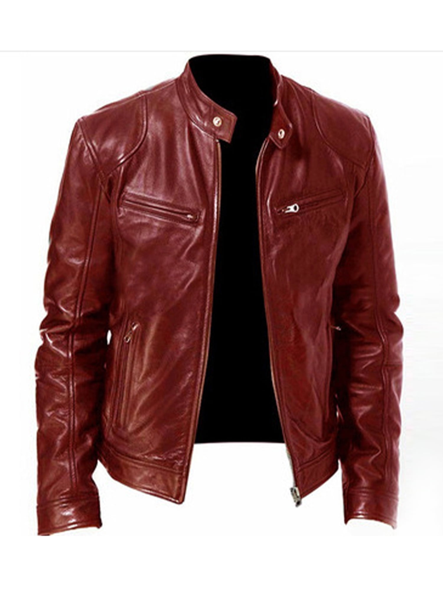 Cindysus Men's Stand Collar Jacket Leather Overcoats Casual
