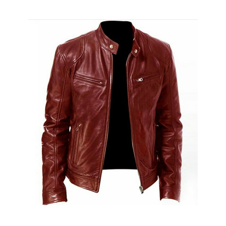 Cindysus Men's Stand Collar Jacket Leather Overcoats Casual