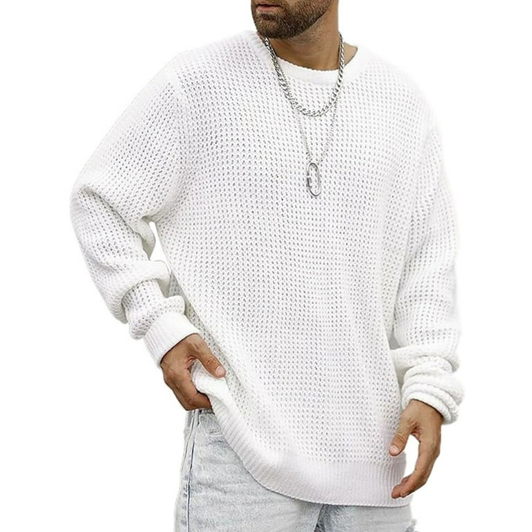 Cindysus Mens Loose Long Sleeve Knitted Sweaters Men Cozy Sweater Knit Work  Solid Color Casual Jumper Tops White M 