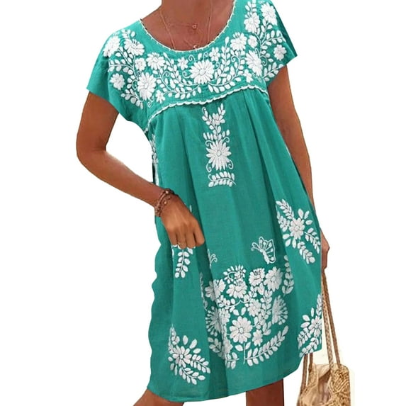 Cindysus Women Bohemian Swing Hem Tunic Dresses Ladies Casual Midi Dress Crew Neck Party Ruched Hawaiian Summer Beach Sundress