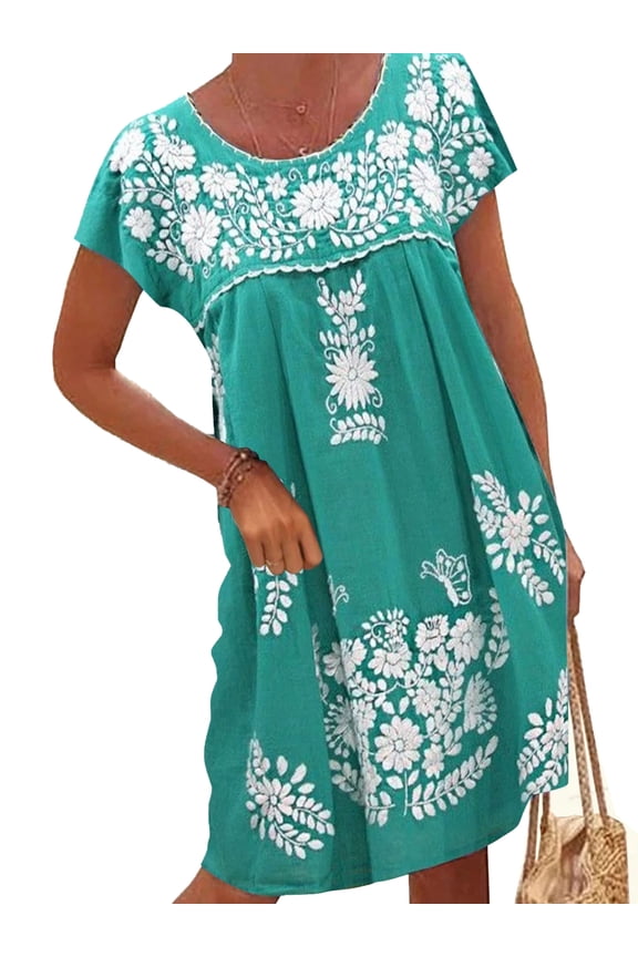 Women Bohemian Swing Hem Tunic Dresses Ladies Casual Midi Dress Crew Neck Party Ruched Hawaiian Summer Beach Sundress