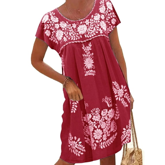 Cindysus Women Bohemian Swing Hem Tunic Dresses Ladies Casual Midi Dress Crew Neck Party Ruched Hawaiian Summer Beach Sundress