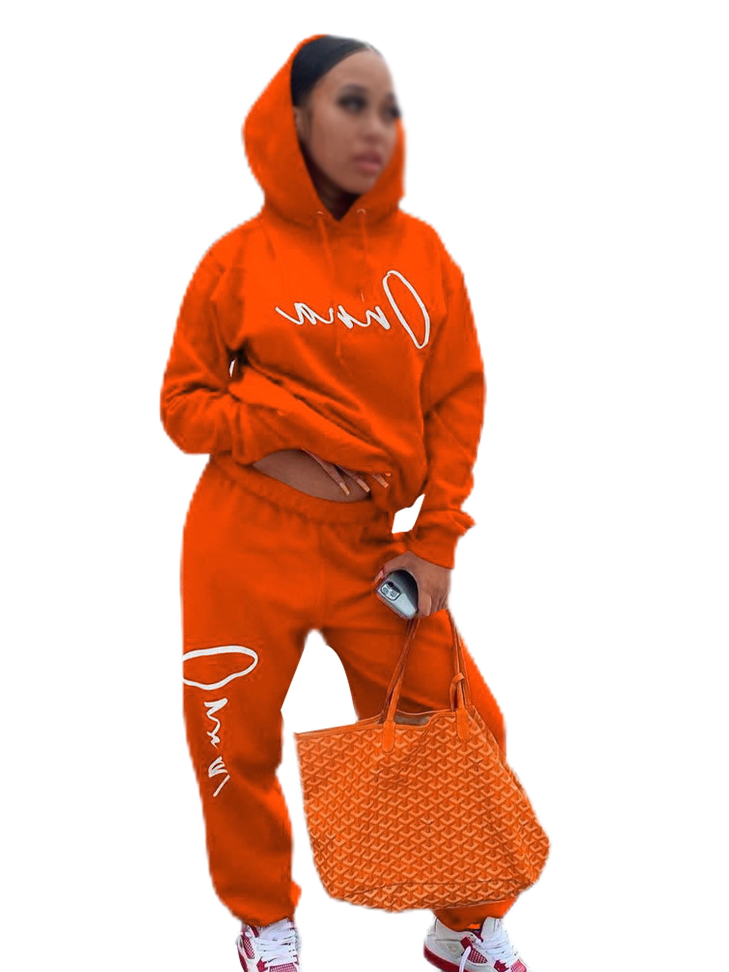 Girls 3-Piece Graphic Outfit Set - Hoodie Crop Top, Tank & Sweatpants (Orange/Black, 11-12 Years) - View #4