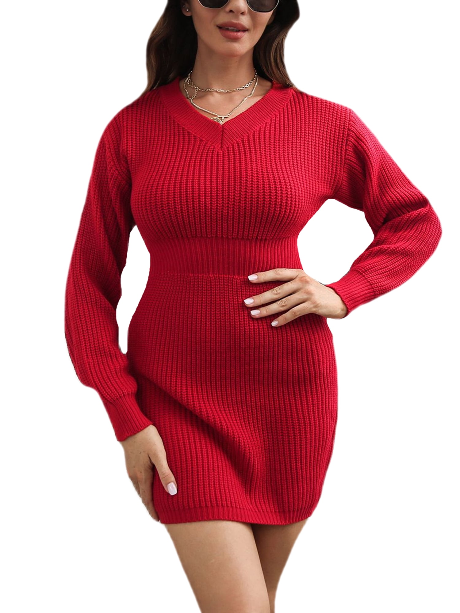 Cindysus Women Chunky V Neck Pullover Jumper Ladies Slim Fit Sweater