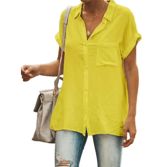 Cindysus Women Comfy Solid Color Shirts Ladies Bohemian Cardigan Short Sleeve Office Button Down Elegant Top