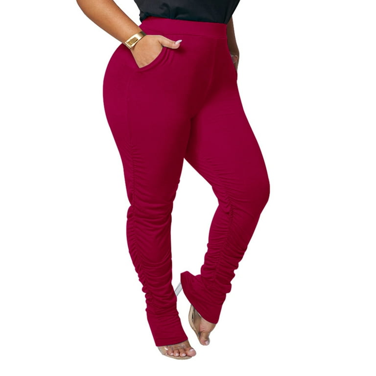 Cindysus Women Leggings High Waist Stacked Pants Solid Color