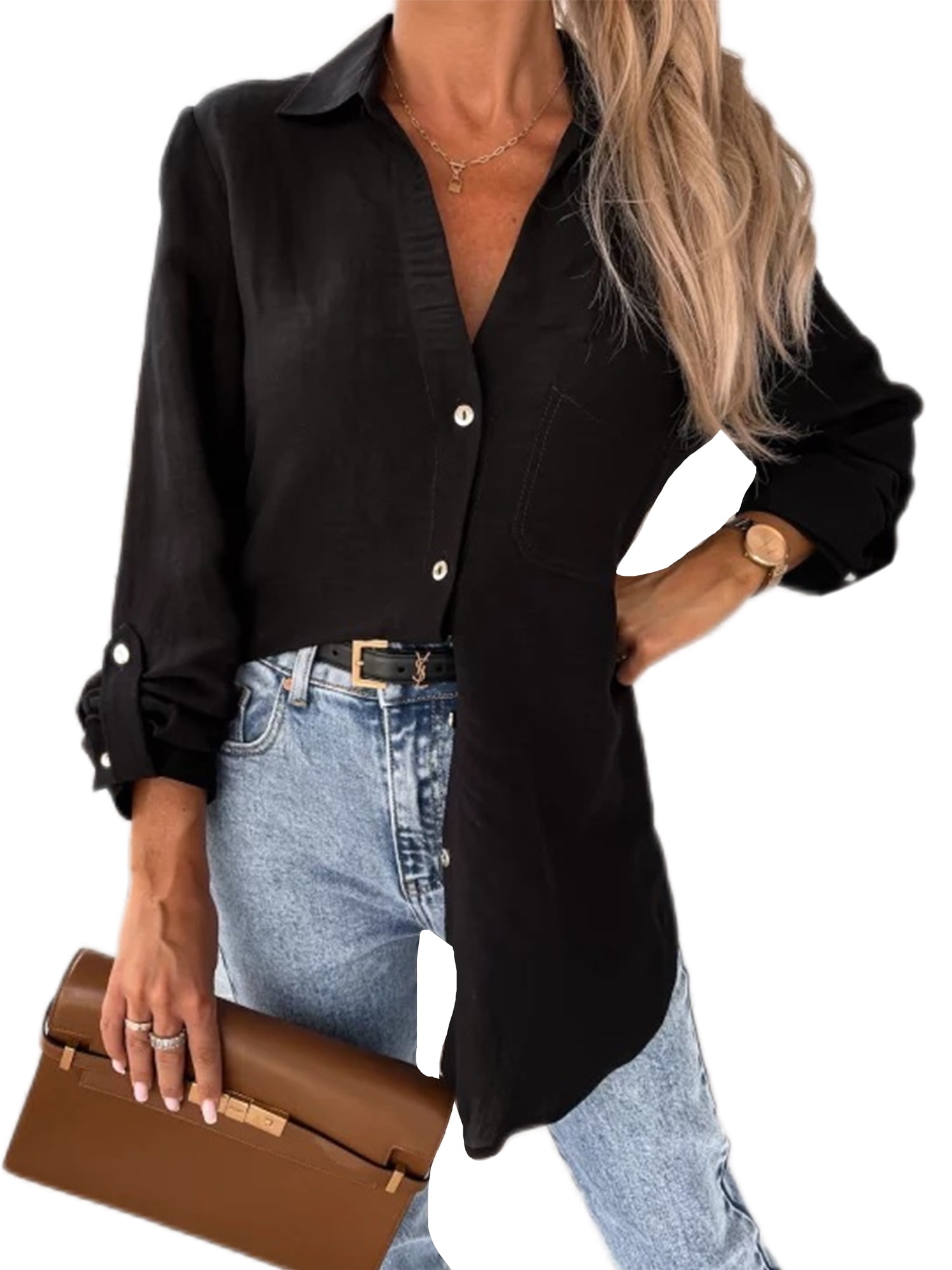 Cindysus Women Loose Button Down Shirts Ladies Elegant Tunic Shirt Roll
