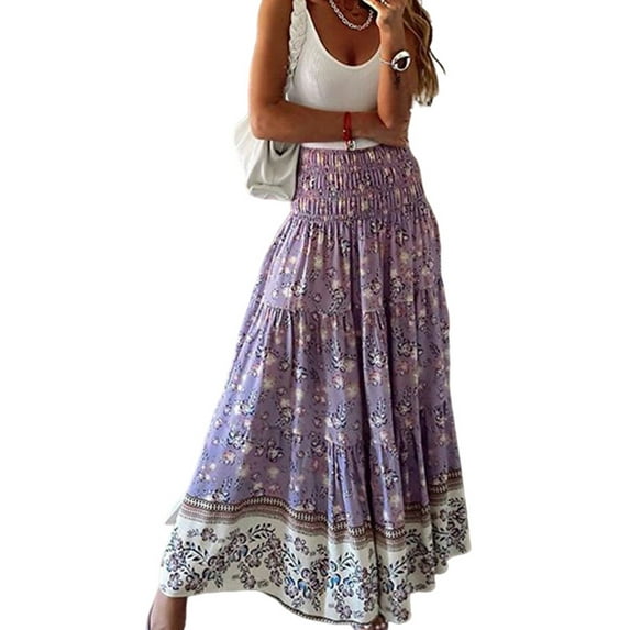 Cindysus Women Maxi Skirt Boho Long Skirts High Waist Summer Vintage Purple 3XL