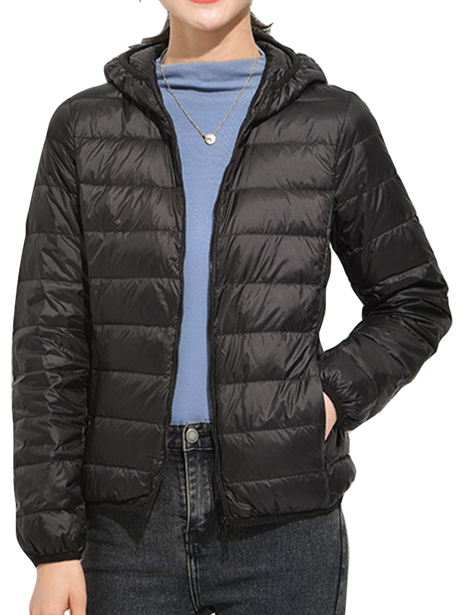 Cindysus Women Puffer Jacket Full Zip Coat Pocket Outwear Packable Party Hooded Down Jackets Black XL Walmart