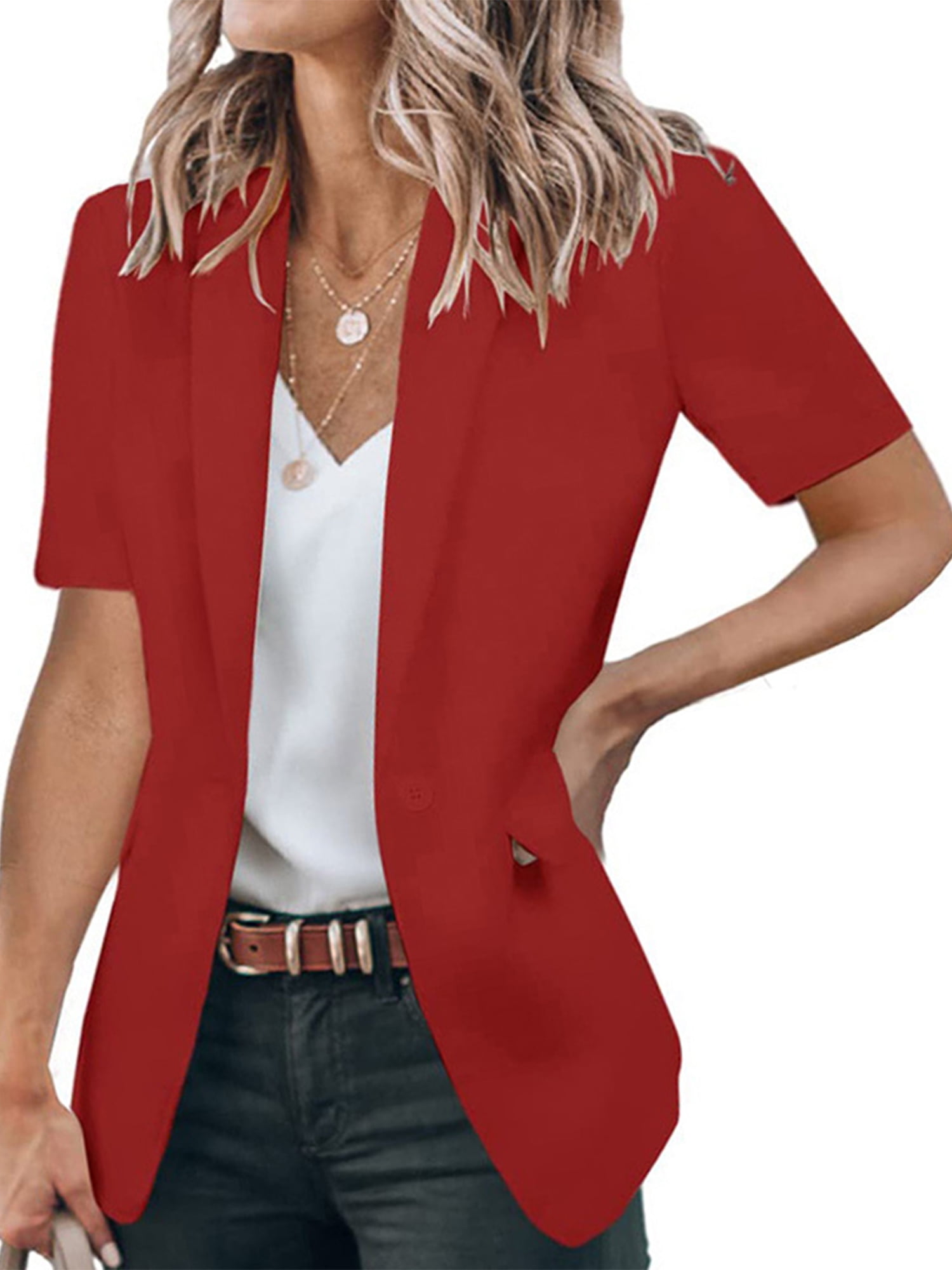 Cindysus Women Slim Fake Pocket Design Coat Ladies Daily Life Blazers Short  Sleeve Summer Solid Color Casual Outwear