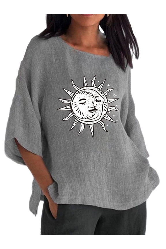 Women T-shirt Crew Neck T Shirt Sun Print Tee Holiday Tunic Blouse Bohemian Pullover Grey XL