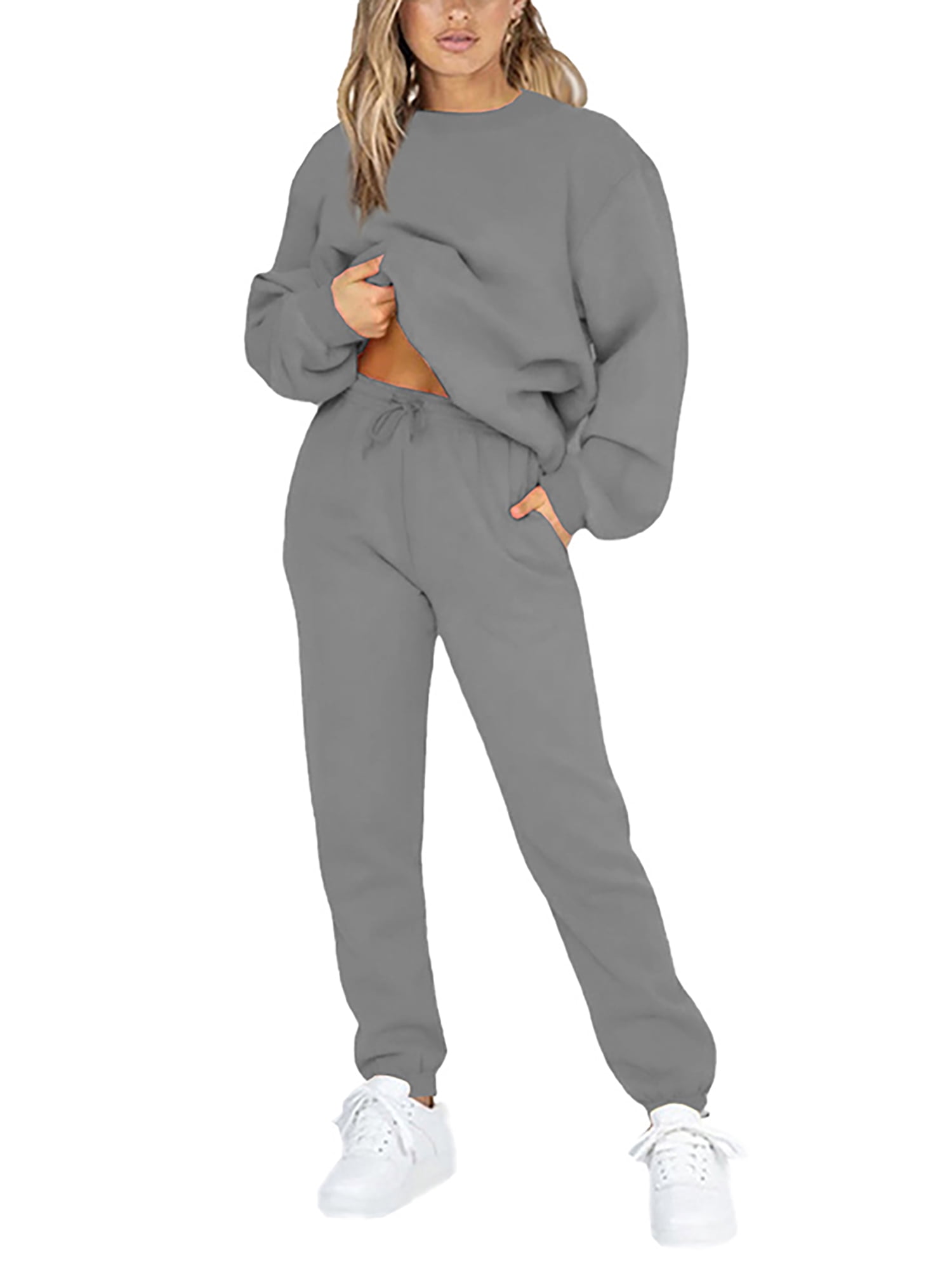 Cindysus Women Tracksuits Long Sleeve Solid Color Sweat Suits Sleep Lounge  Jogging Outfits For Womens Winter Outdoor Activewear Grey 5XL 