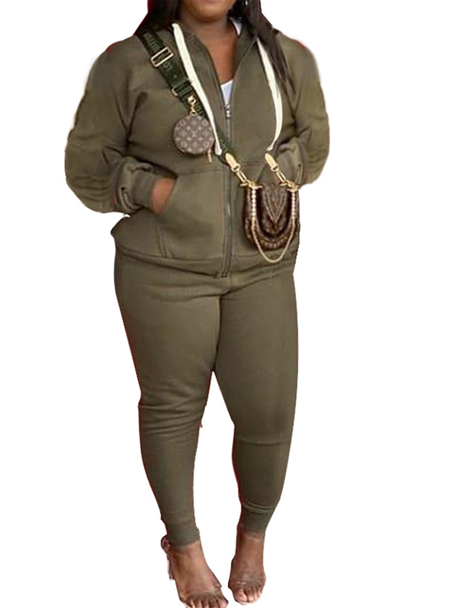 Cindysus Women Two Piece Outfit Plus Size Sweatsuit Hoodie Jogger Set Casual Jogging Long Sleeve Tracksuit Sets Army Green 2XL