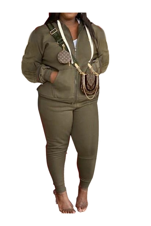 Women Two Piece Outfit Plus Size Sweatsuit Hoodie Jogger Set Casual Jogging Long Sleeve Tracksuit Sets Army Green XL