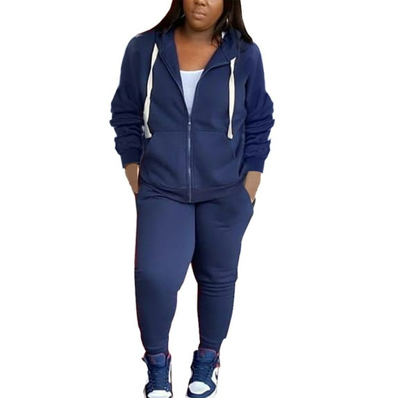 Cindysus Women Two Piece Outfit Plus Size Sweatsuit Hoodie Jogger Set Casual Jogging Long Sleeve Tracksuit Sets Navy Blue L