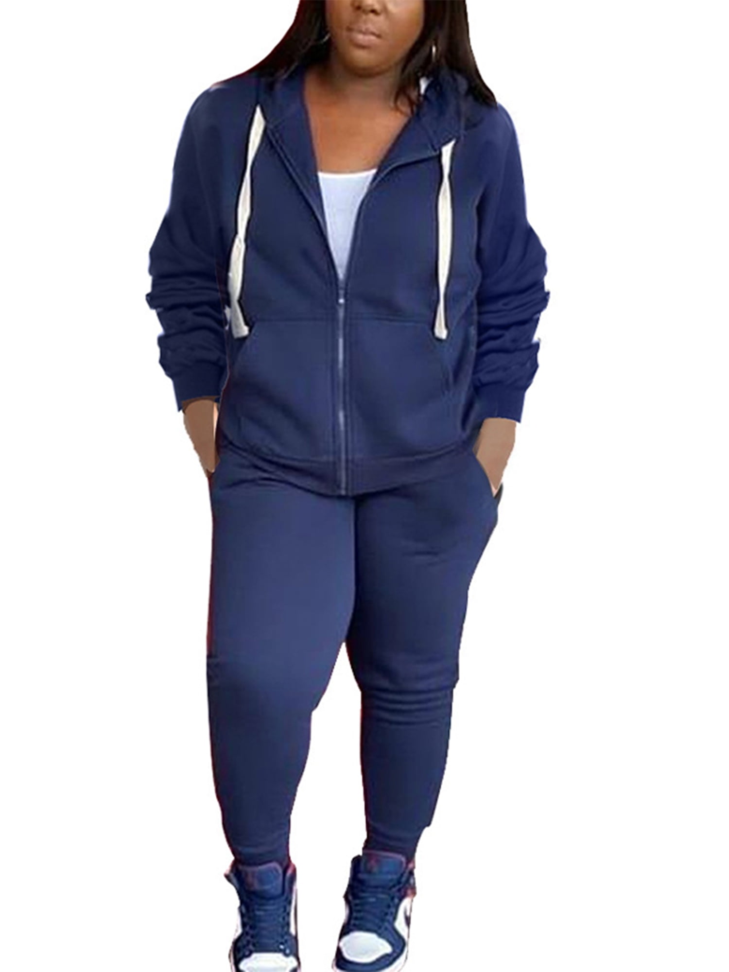 Cindysus Women Two Piece Outfit Plus Size Sweatsuit Hoodie Jogger Set  Casual Jogging Long Sleeve Tracksuit Sets Navy Blue XL 